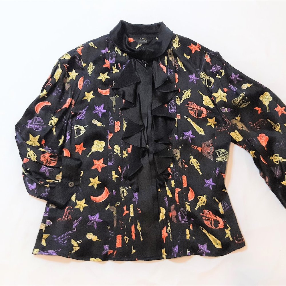 Colorful Button Down Blouse by Time Postmodern S/M Black Ruffled Neck Top EUC